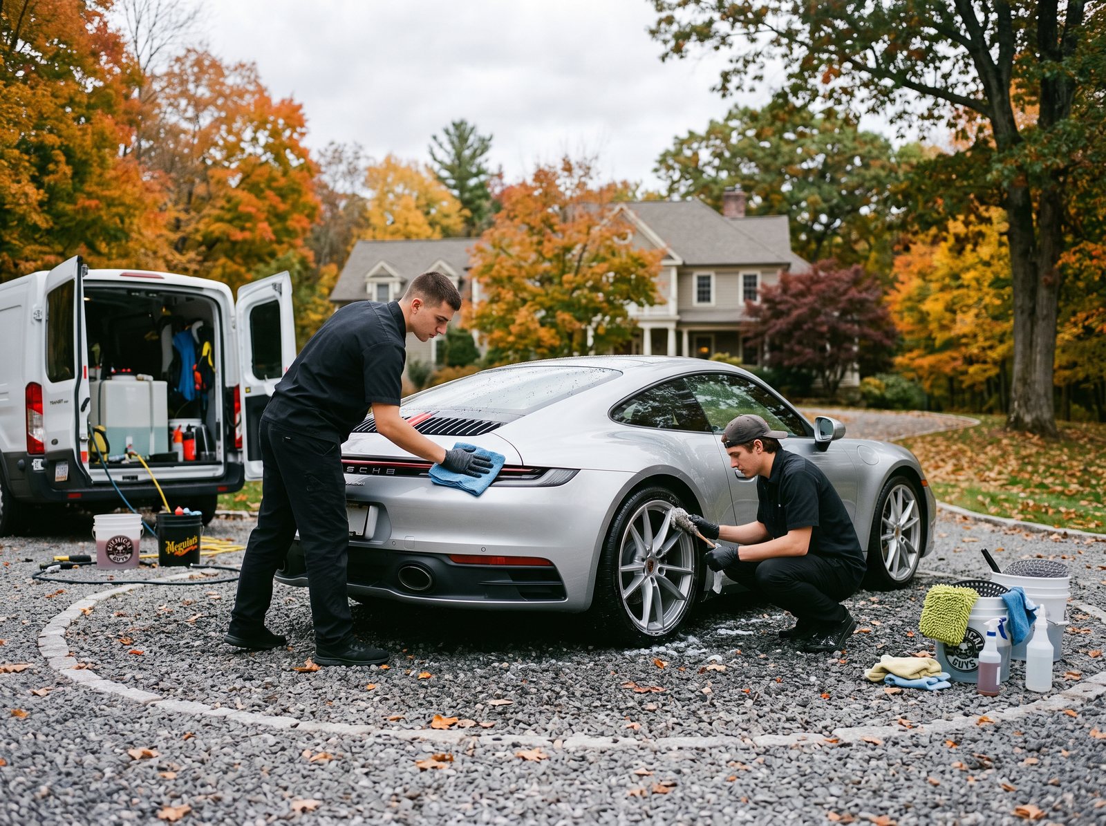 Hand washing a silver 911 in a gravel driveway